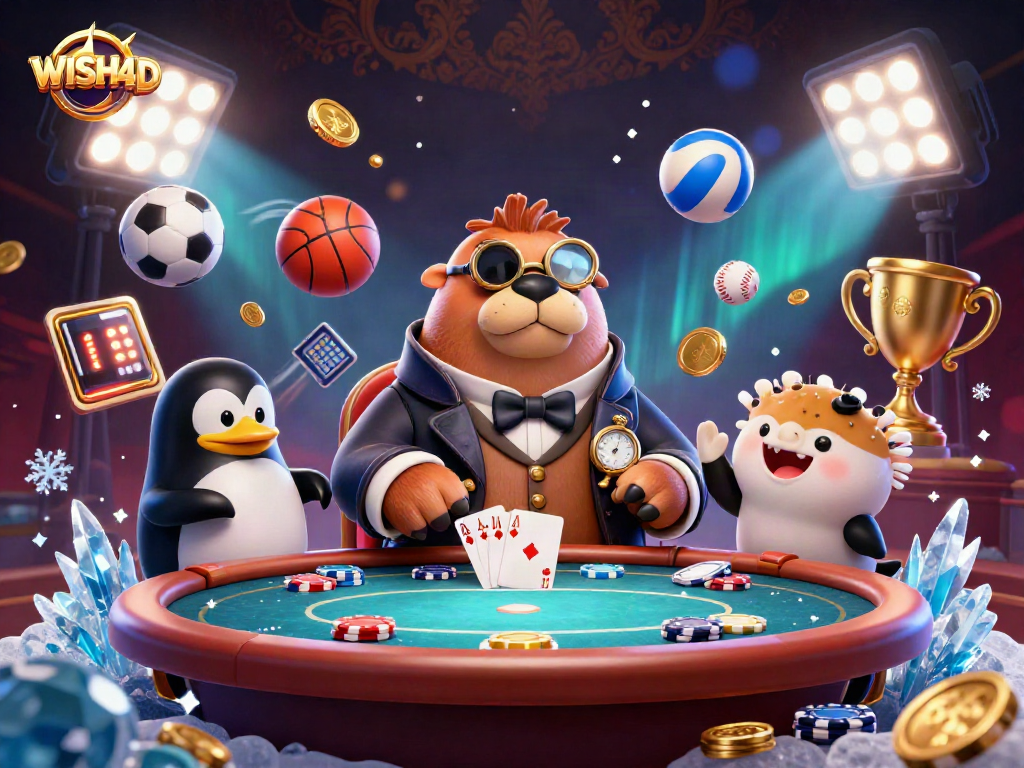 WISH4D showcases an underwater poker scene with a walrus, penguin dealer, and pufferfish bluffing.