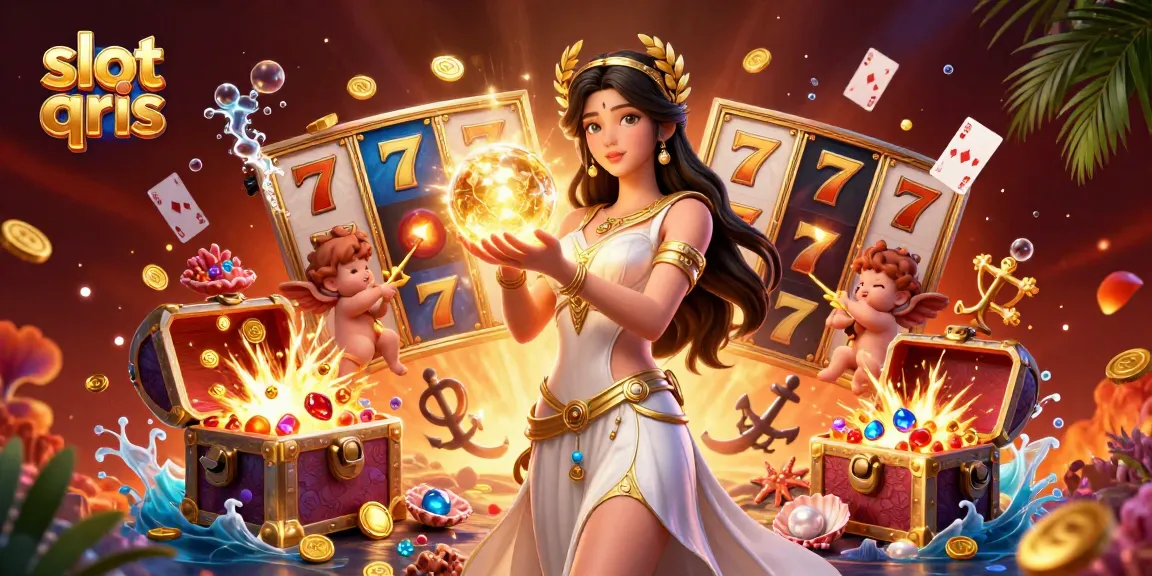 Experience slot qris excitement with a goddess and cherubs amidst vibrant casino imagery.