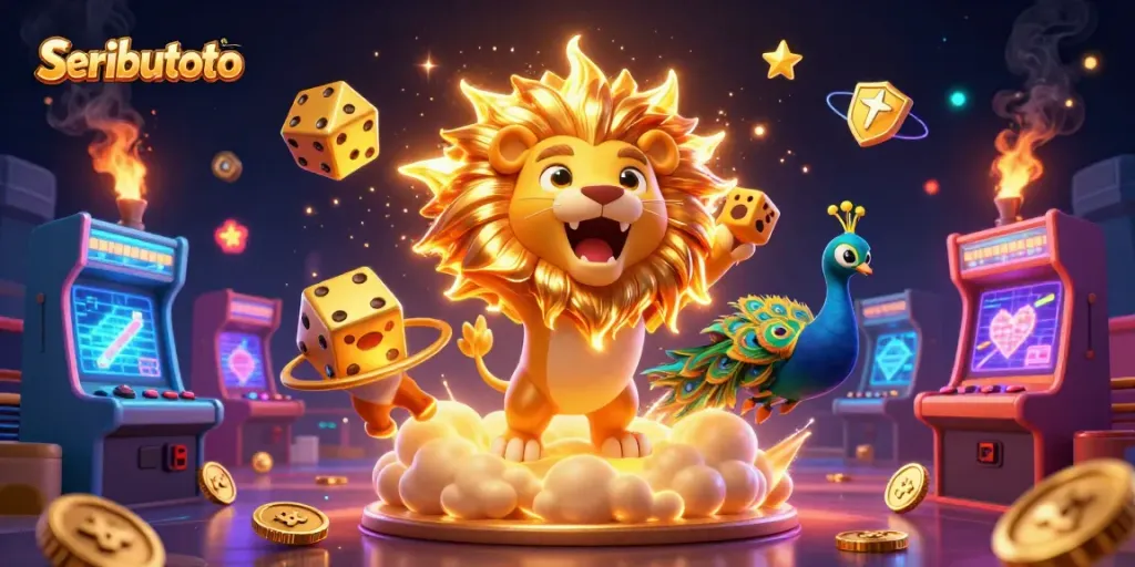 Seributoto showcases a lively casino-themed scene with colorful games, roaring lion, and exploding dice.