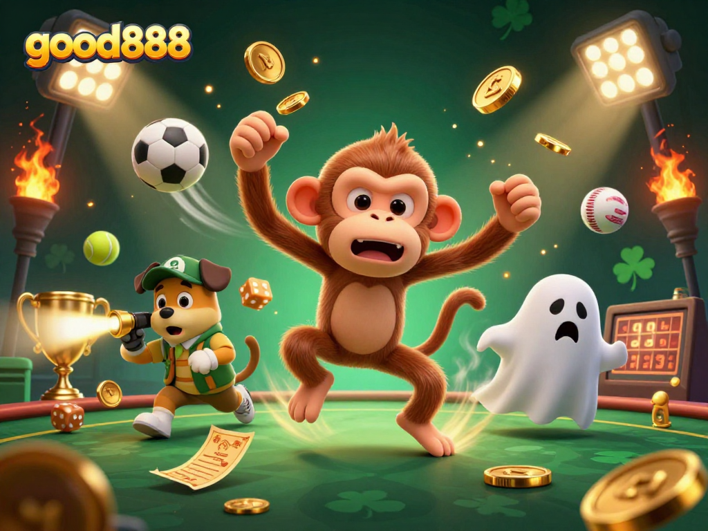 Engage with good888's thrilling casino adventure featuring a mischievous monkey and a curious puppy in action.