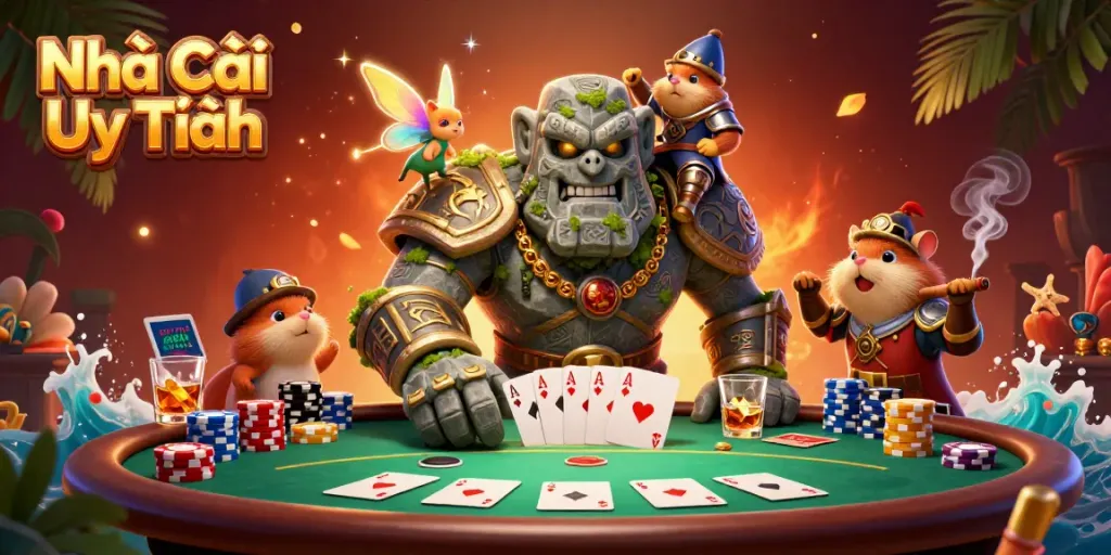 Experience the magical world of Nhà Cái Uy Tín with a lively scene showcasing illuminated characters and vibrant casino elements.