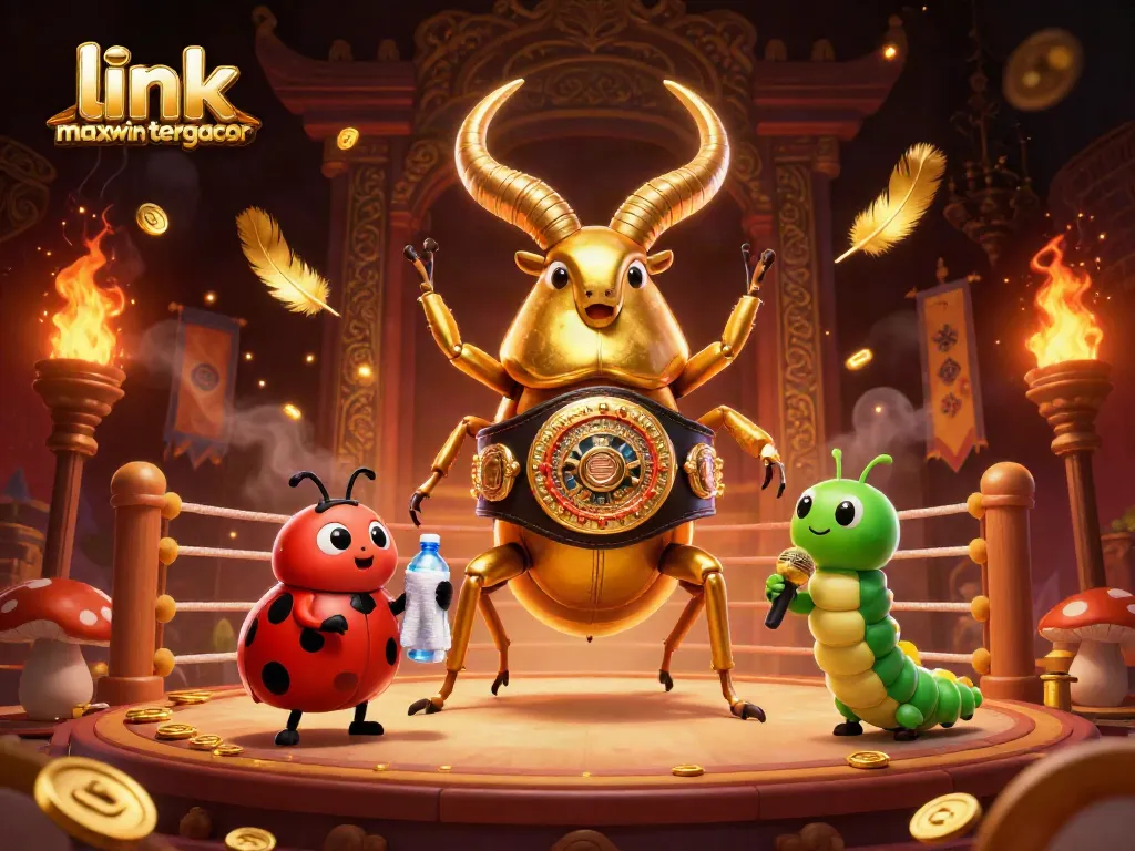 Join the action with link maxwin tergacor in this vibrant 3D illustration featuring a champion beetle and dynamic casino elements.