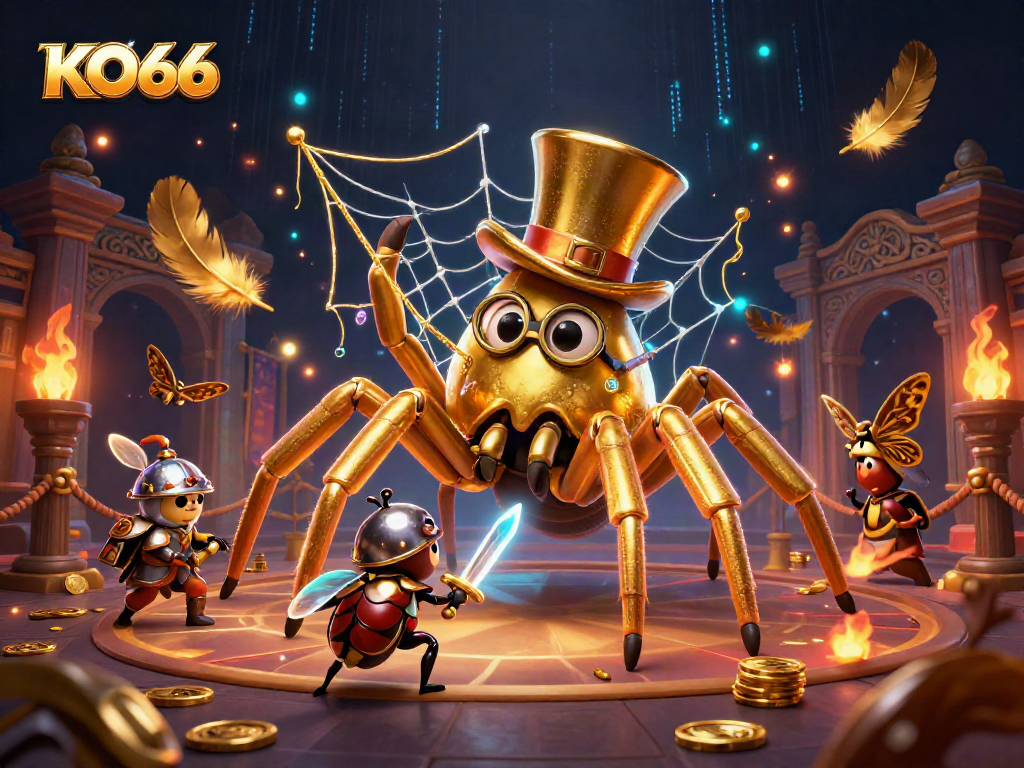 Experience KO66's immersive casino universe filled with a golden tarantula and vibrant gaming elements.