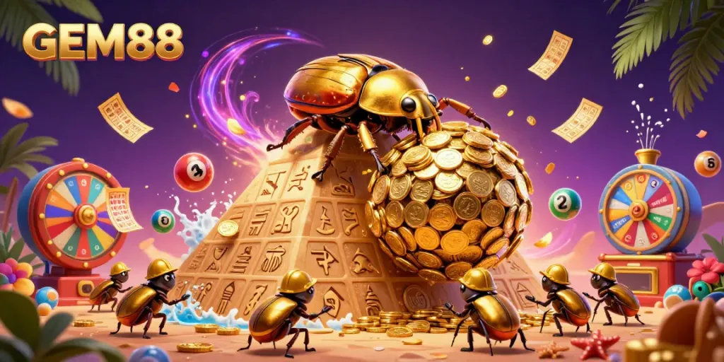 Immerse in the vibrant GEM88 scene of a golden dung beetle rolling coins, colorful lottery balls, and festive game elements.