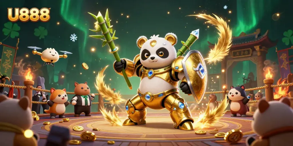 Engage in thrilling action at U888 with a dynamic mech-suit panda and bamboo fighting robot