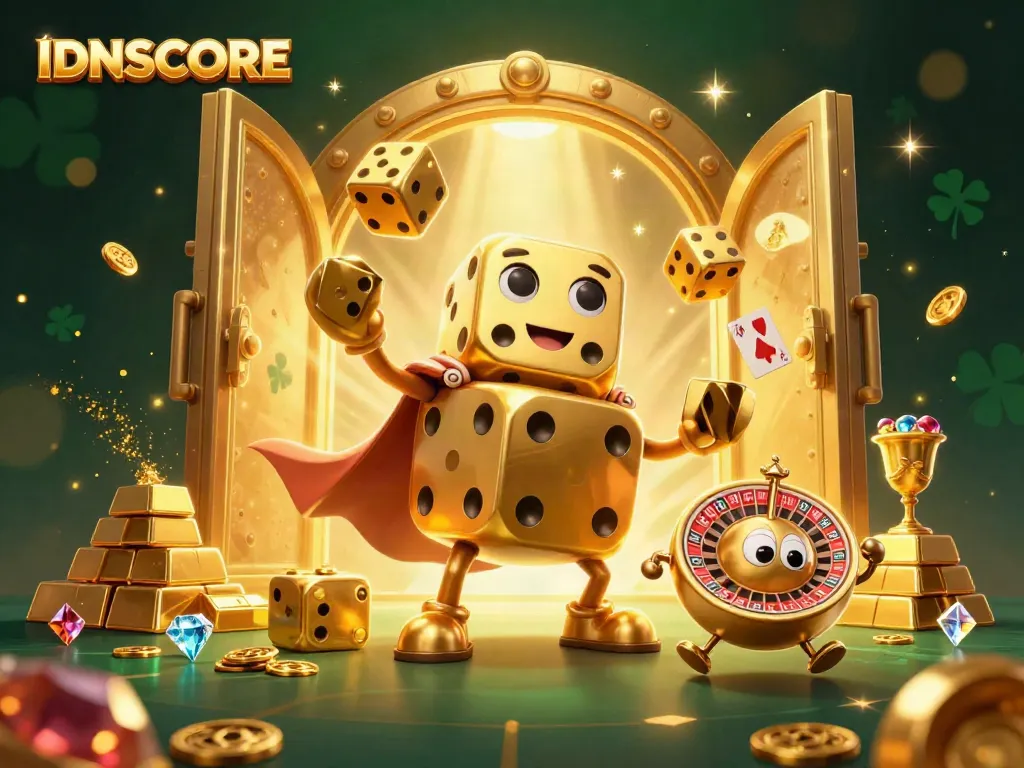 Engage with IDNSCORE's exhilarating online gaming platform featuring a vibrant 3D scene of golden dice and treasures.