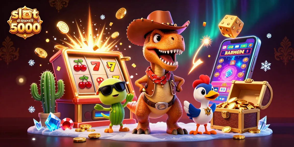 Experience thrilling wins with slot deposit 5000 featuring a cartoon dinosaur, jackpot machine, and casino elements.