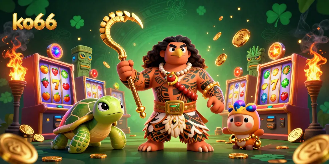 Experience thrilling slots with ko66's vibrant 3D casino illustration featuring dynamic characters and game elements.