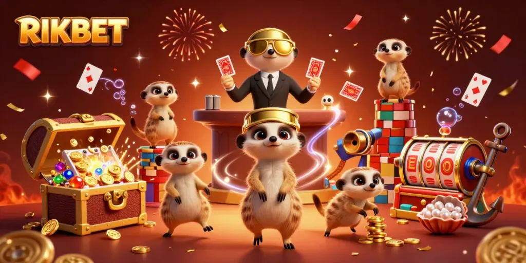Experience the vibrant RIKBET casino scene with meerkats running a lively operation amidst dazzling treasures.