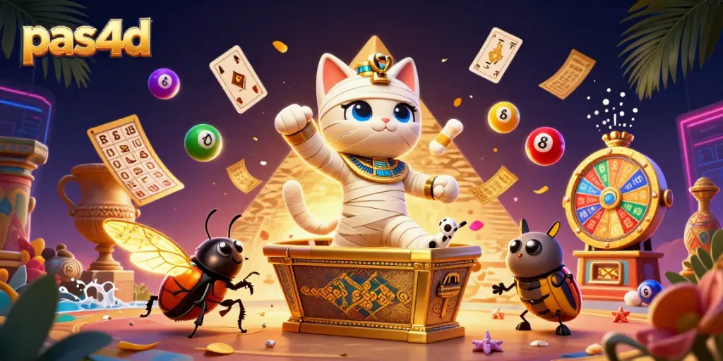 Permainan pas4d menampilkan kucing mummy terbang dari sarcophagus sambil dikelilingi bola lotere berwarna-warni dan kartu hieroglif.