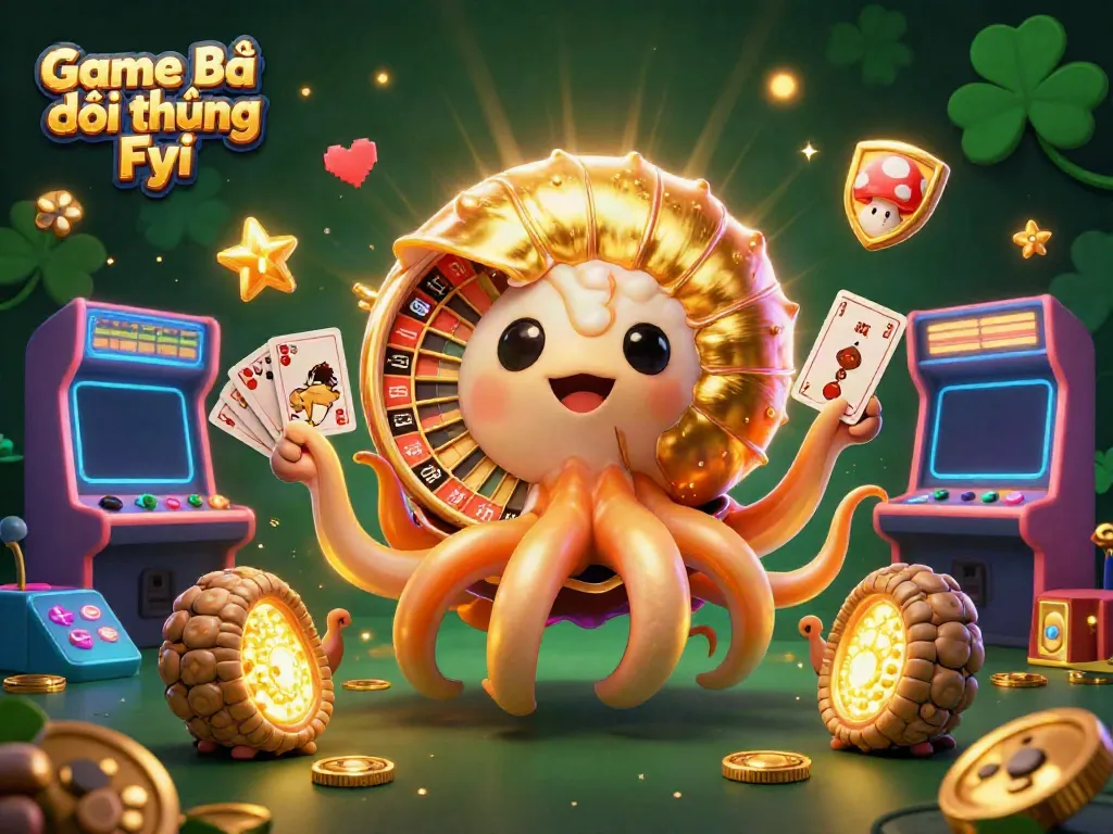 Engage in thrilling gameplay with Game Bài Đổi Thưởng Fyi featuring a lively 3D nautilus, cards, and glowing slot machines.