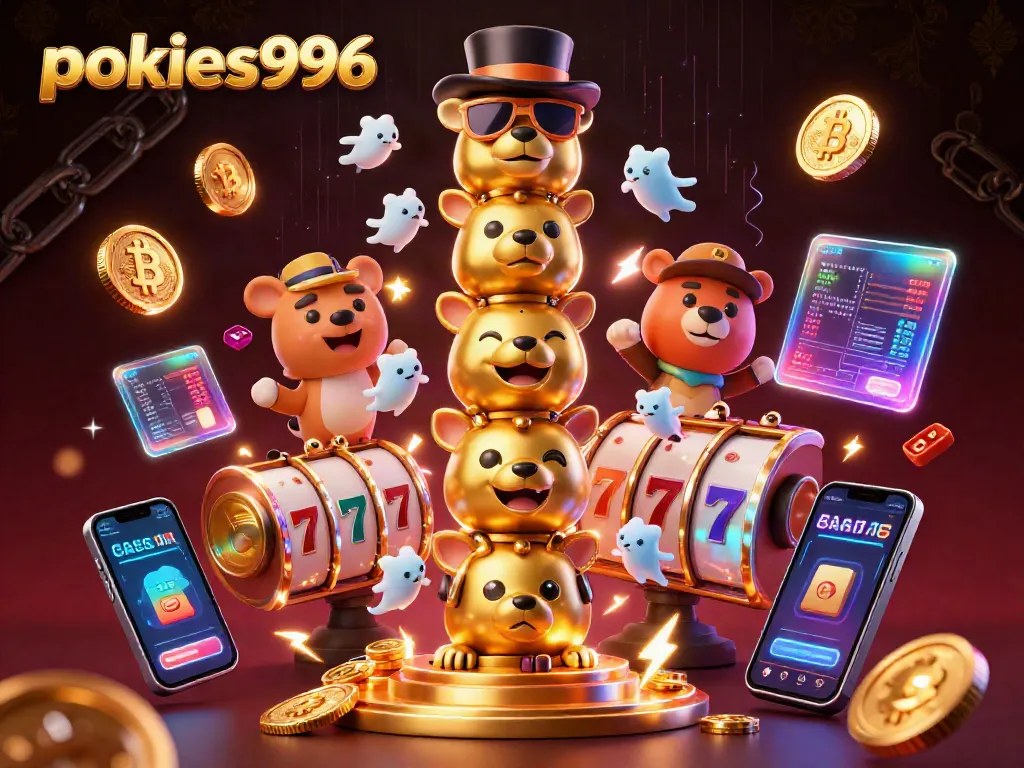 Experience pokies996 vibrant gameplay with golden totem pole, slot reels, and digital coins swirling in action