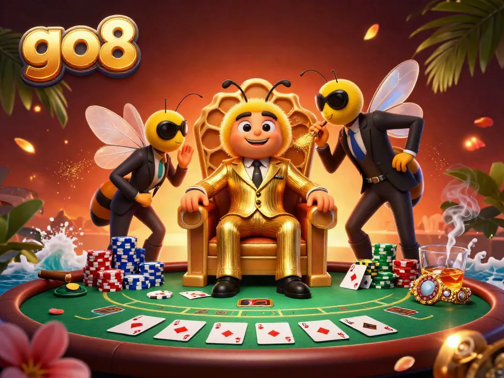 Experience a thrilling go8 casino scene with a cartoon mob boss and poker elements.