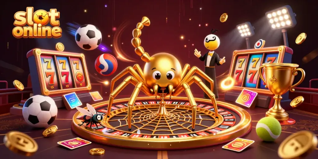 Pemain slot online mencoba peruntungannya di atas roda keberuntungan yang dikelilingi simbol-simbol slot.