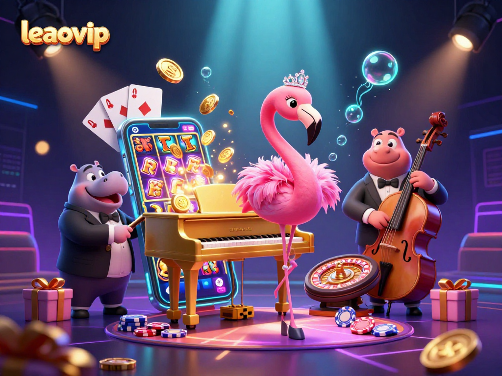 Engage in thrilling gameplay with leaovip's vibrant casino scene featuring a colorful slot game and lively characters.