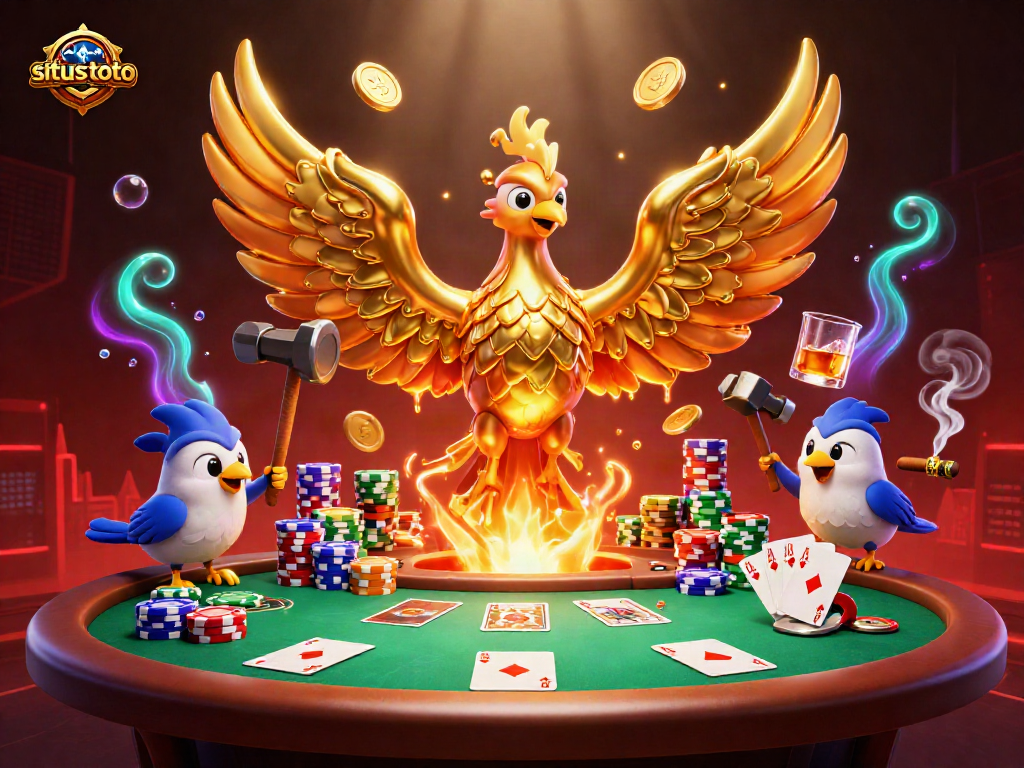Menang di situs toto dengan ilustrasi phoenix dan tumpukan chip poker mencolok.