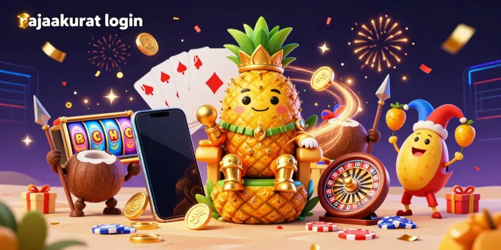 Bermain slot yang menyenangkan dengan rajaakurat login, menampilkan karakter unik di kasino pantai.