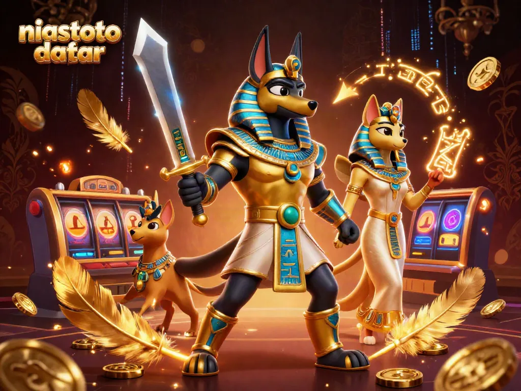 Gambarkan tindakan menang di niastoto daftar dengan Anubis dan Bastet dalam latar belakang kasino.