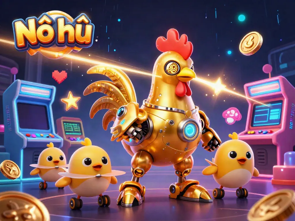 Nổ hũ captivates in a vibrant scene featuring a futuristic golden rooster robot and baby chicks in a casino gaming landscape.