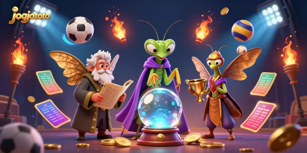 Engage with jogjatoto's vibrant sports betting scene, highlighted by animated sports elements and mystical characters.