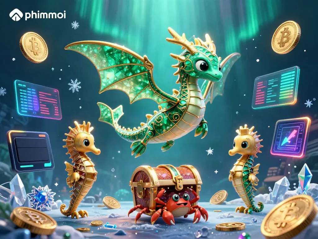 Engaging phimmoi gaming scene featuring a dragon, treasure chest, and cryptocurrency elements.