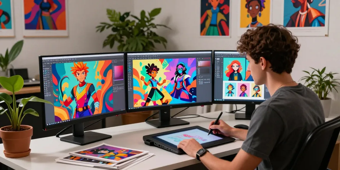 Artist creating captivating NSFW AI art in a vibrant digital studio setting with colorful graphics.
