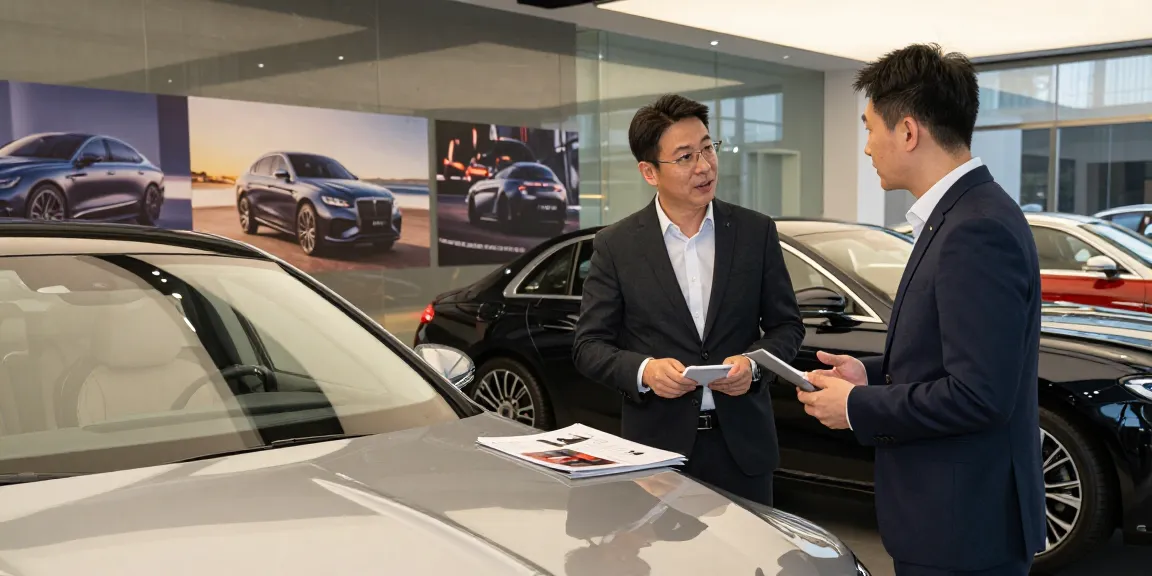 Pengunjung mendiskusikan pilihan sewa mobil mewah LUXURY 777 di showroom modern.