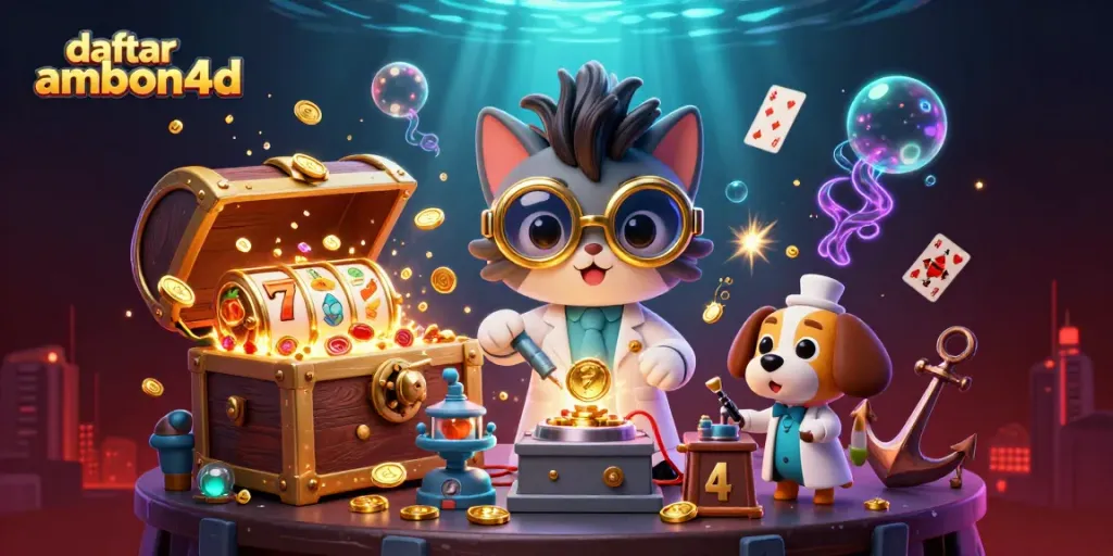 Win big with daftar ambon4d in this exciting casino illustration featuring slots and treasures!