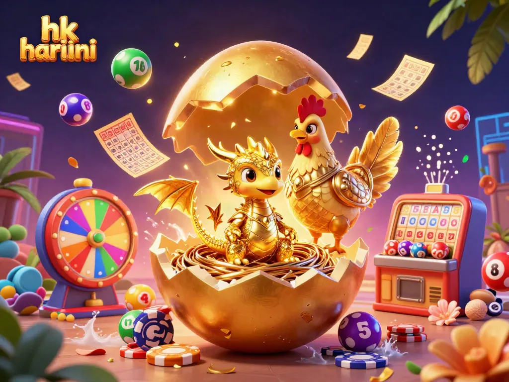 Mengakses Keluaran HK hari ini dengan ilustrasi penuh warna yang menunjukkan naga emas dan bola lotere.