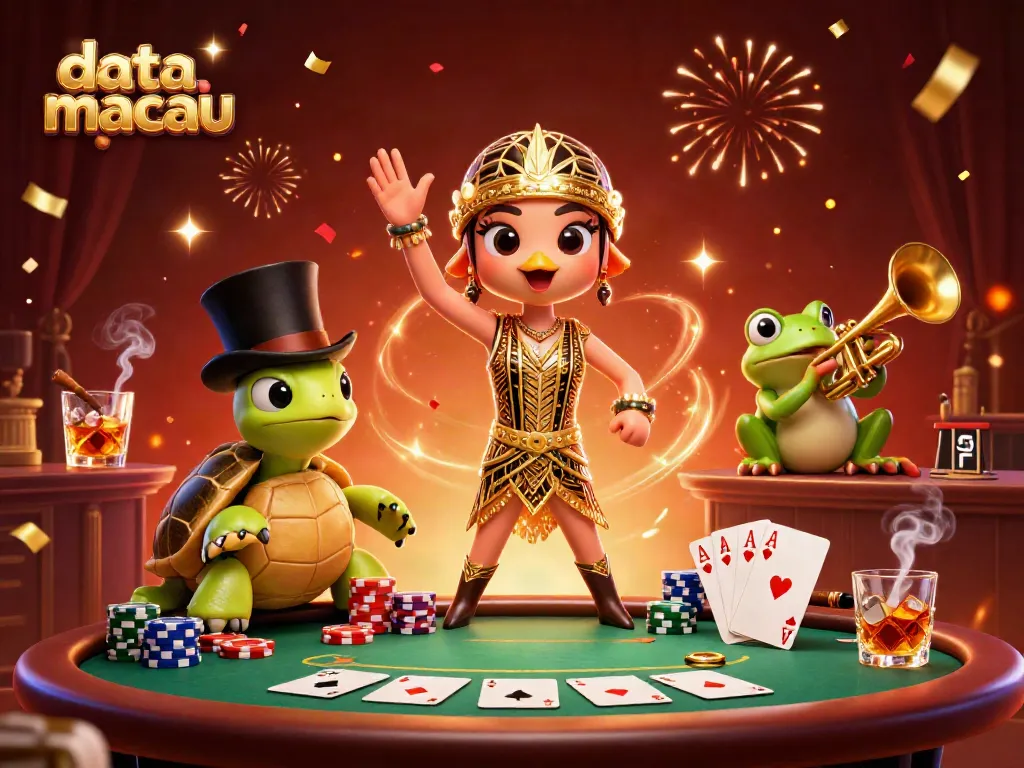 Menampilkan data macau dalam ilustrasi kasino yang hidup dengan karakter unik dan elemen permainan.