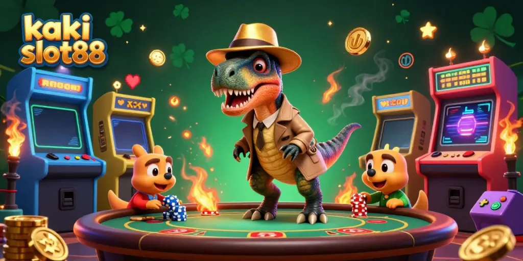 Visualisasi permainan dini hari dengan kaki slot88, velociraptor menipu di meja, sementara stegosaurus mengawasi.