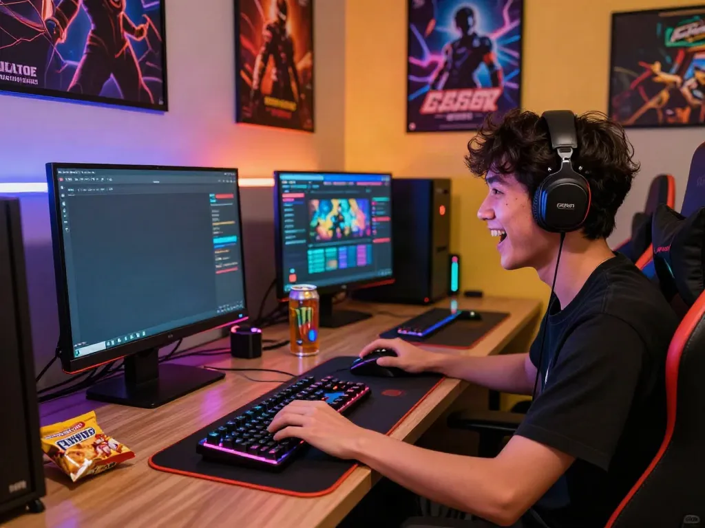 Exciting cikaslot gaming scene with a player immersed in action, displaying gaming gear and vibrant room decor.