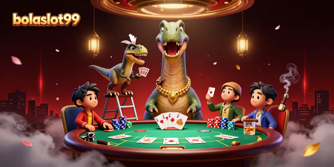 Catch vibrant action at bolaslot99 with a massive brontosaurus overseeing a dynamic poker game.