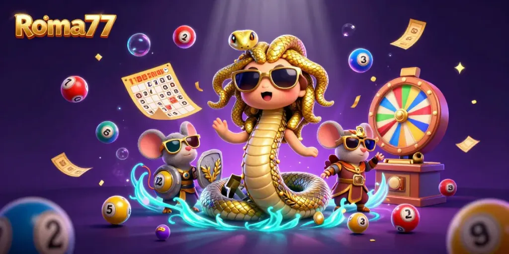 Experience thrilling slots with Roma77 in a vibrant casino scene featuring fun lottery elements.