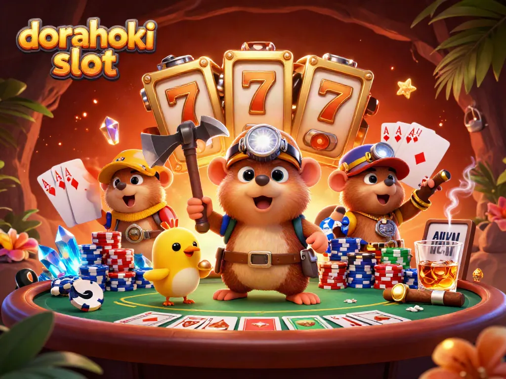 Menangkan dorahoki slot dengan petualangan menggali harta dan simbol buah menyerakkan chip poker.