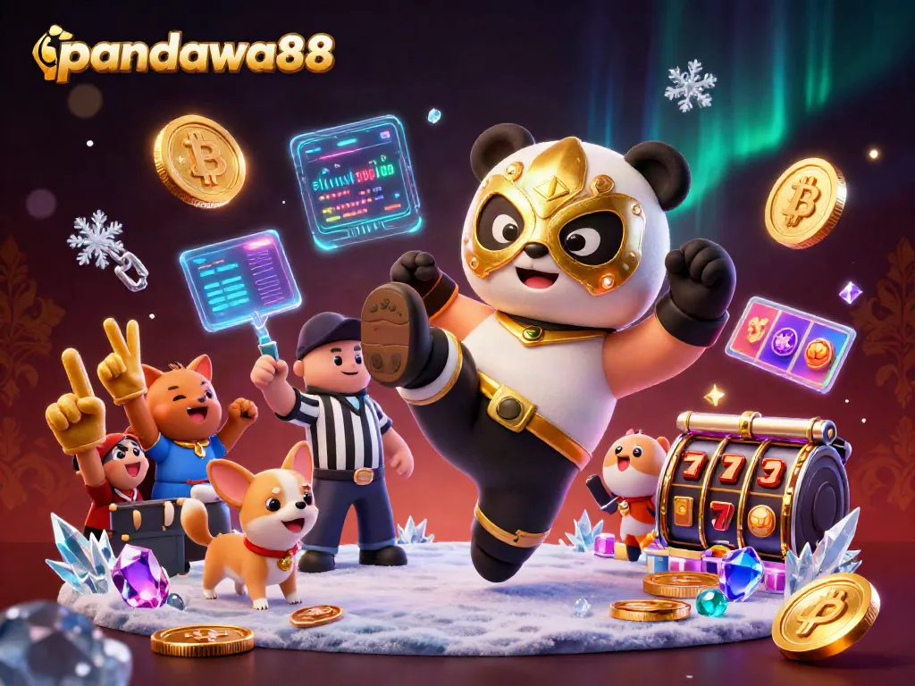 Pandawa88 menghadirkan petualangan kasino seru dengan panda pegulat beraksi, dikelilingi koin crypto dan simbol jackpot.