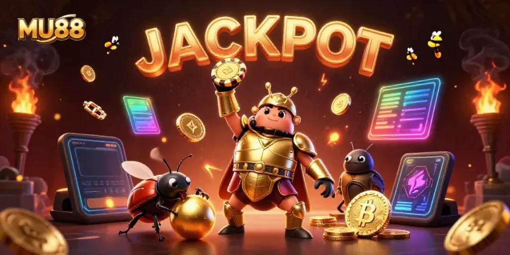 MU88 showcases a victorious hercules beetle lifting a poker chip, surrounded by glowing crypto elements and fireflies.