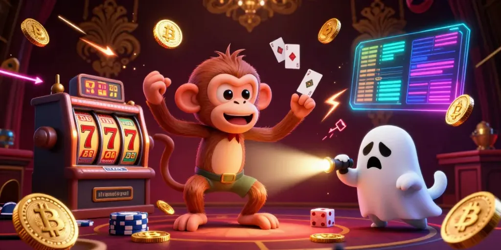 Iramatogel showcases a dynamic scene with a mischievous monkey juggling golden coins in a haunted casino while a puppy tracks it.
