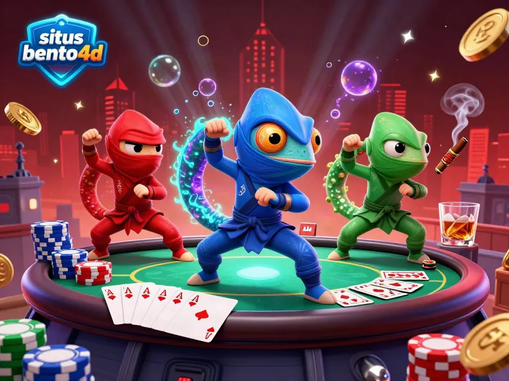 Engage with situs bento4d as cartoon chameleons showcase excitement at a vibrant poker scene.