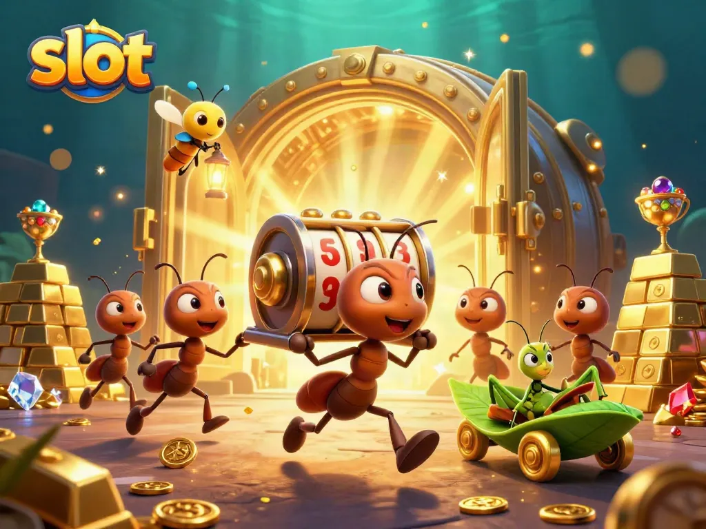 Slot gacor yang menampilkan karakter semut mencuri chip poker emas dalam ilustrasi menarik.