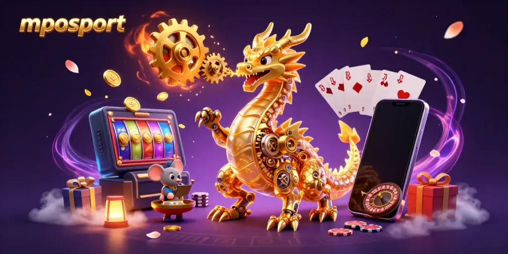 MPOSPORT menampilkan ilustrasi 3D permainan slot yang menakjubkan dengan karakter naga dan mouse teknisi.