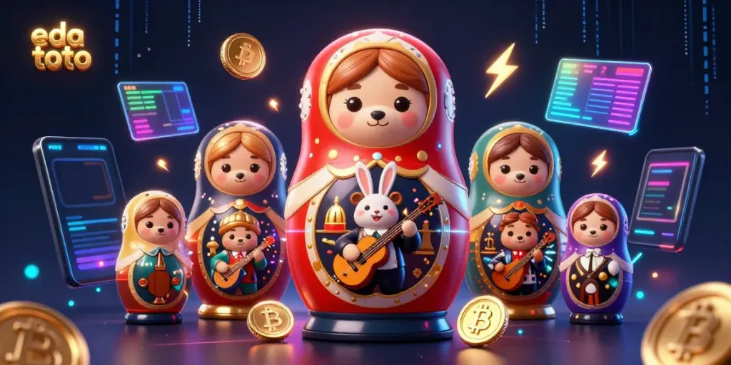 Explore the dynamic eda toto scene with cartoon bear dealers amidst casino-themed elements and glowing cryptocurrencies.