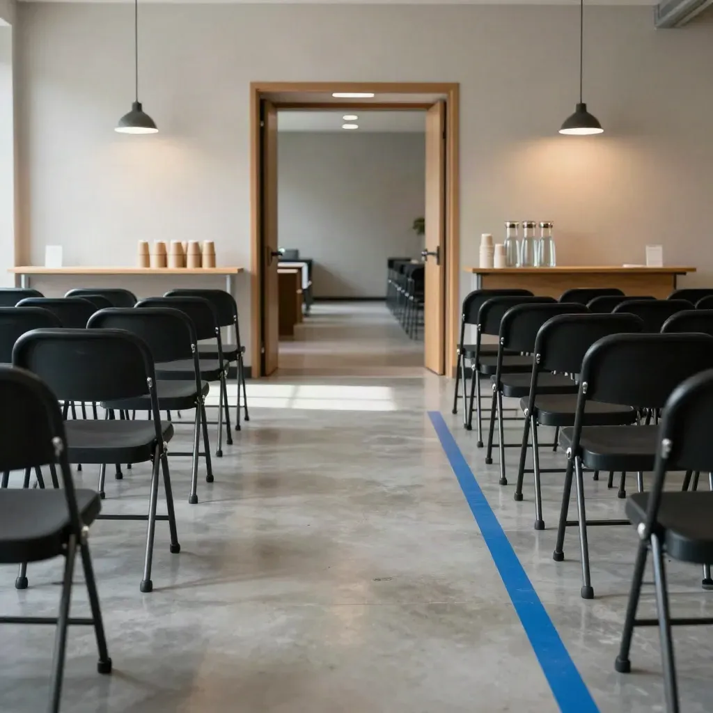 Lobby venue acara kosong dengan kursi lipat, meja minum, strip arah biru, dan cahaya dramatis.