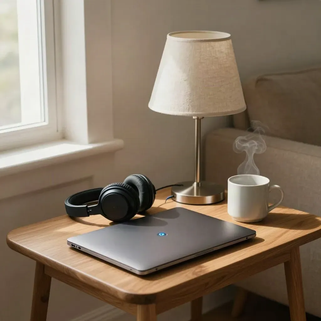 Meja kerja daring siap pakai dengan laptop tertutup, headset, lampu meja, dan mug hangat di sudut sunyi.