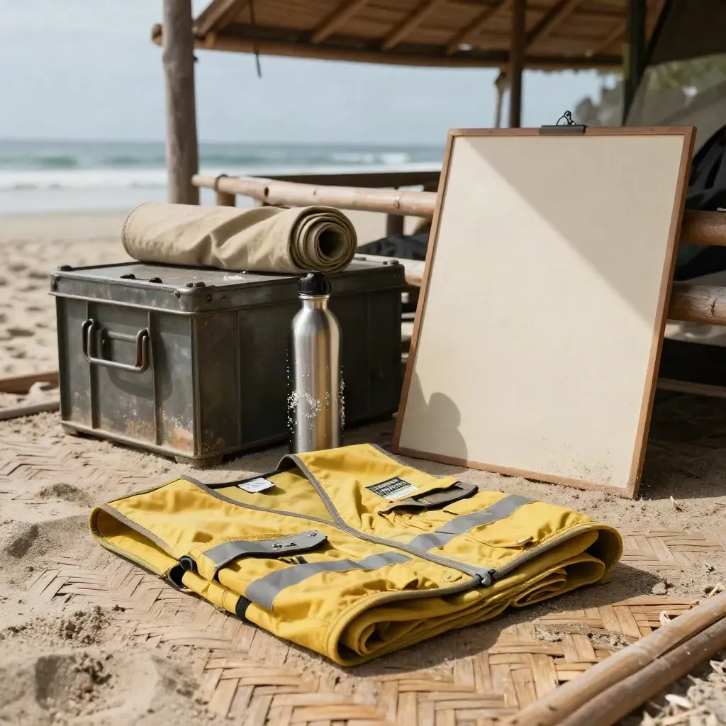 Basecamp relawan Bali dengan rompi terlipat, botol minum, kotak perlengkapan, dan papan tugas kosong.