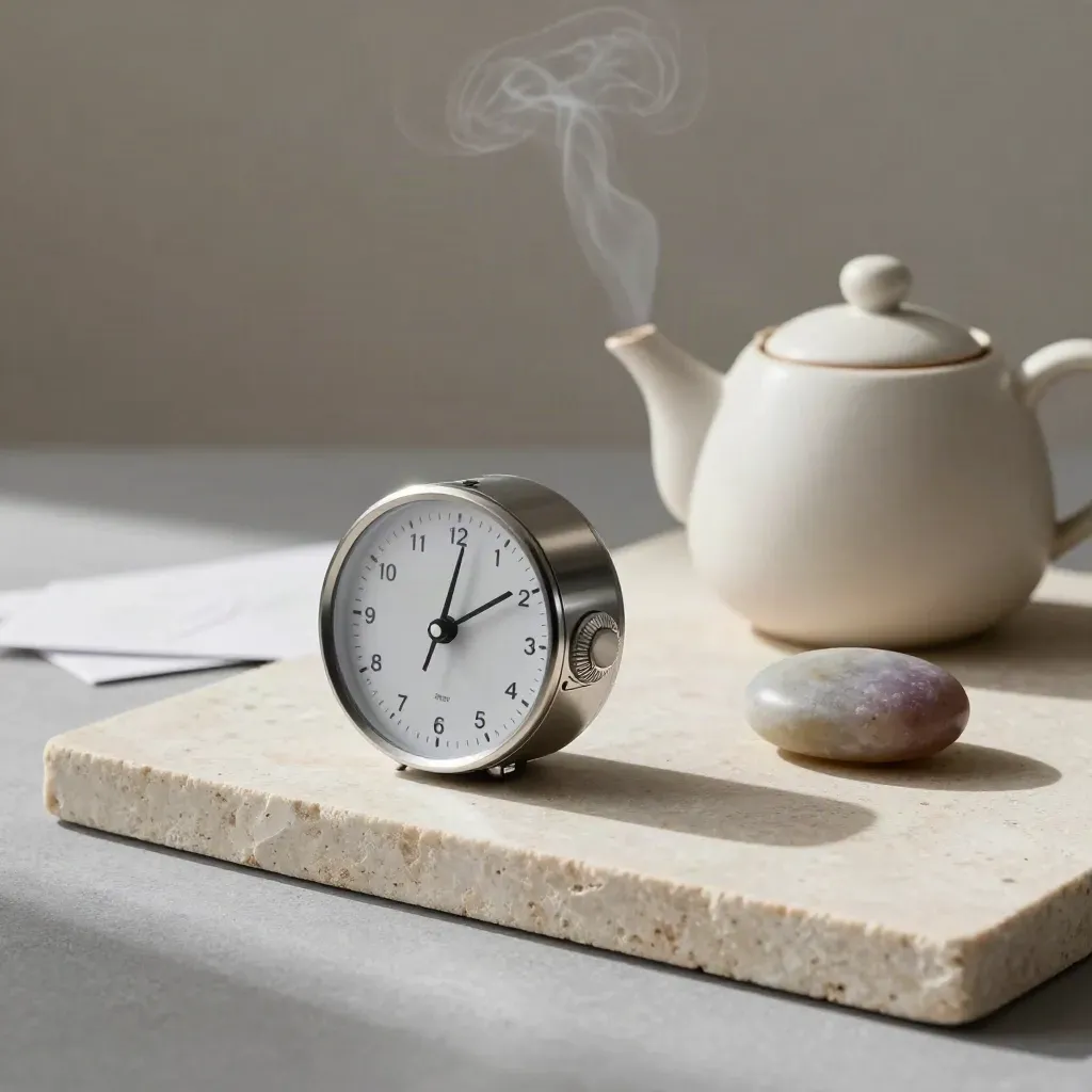Timer analog, teko teh kecil, batu bicara, dan kartu panduan di atas slab batu.