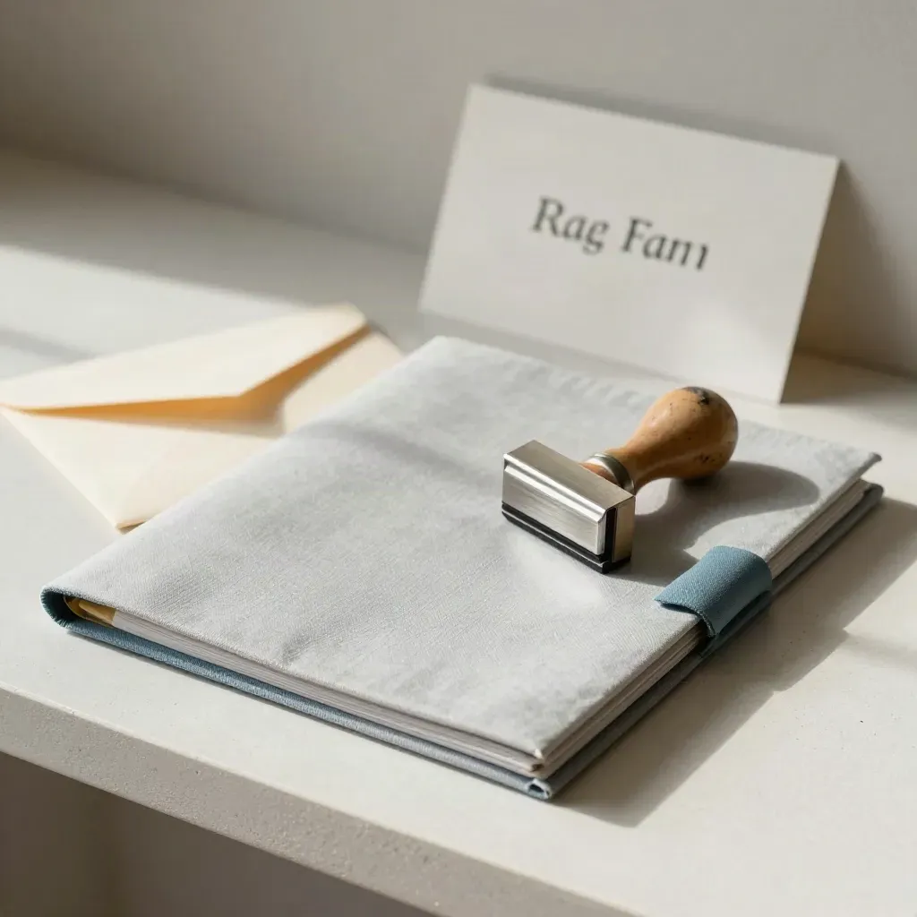 Folder kain, stempel karet, klip logam, dan amplop krem di rak kerja tenang.