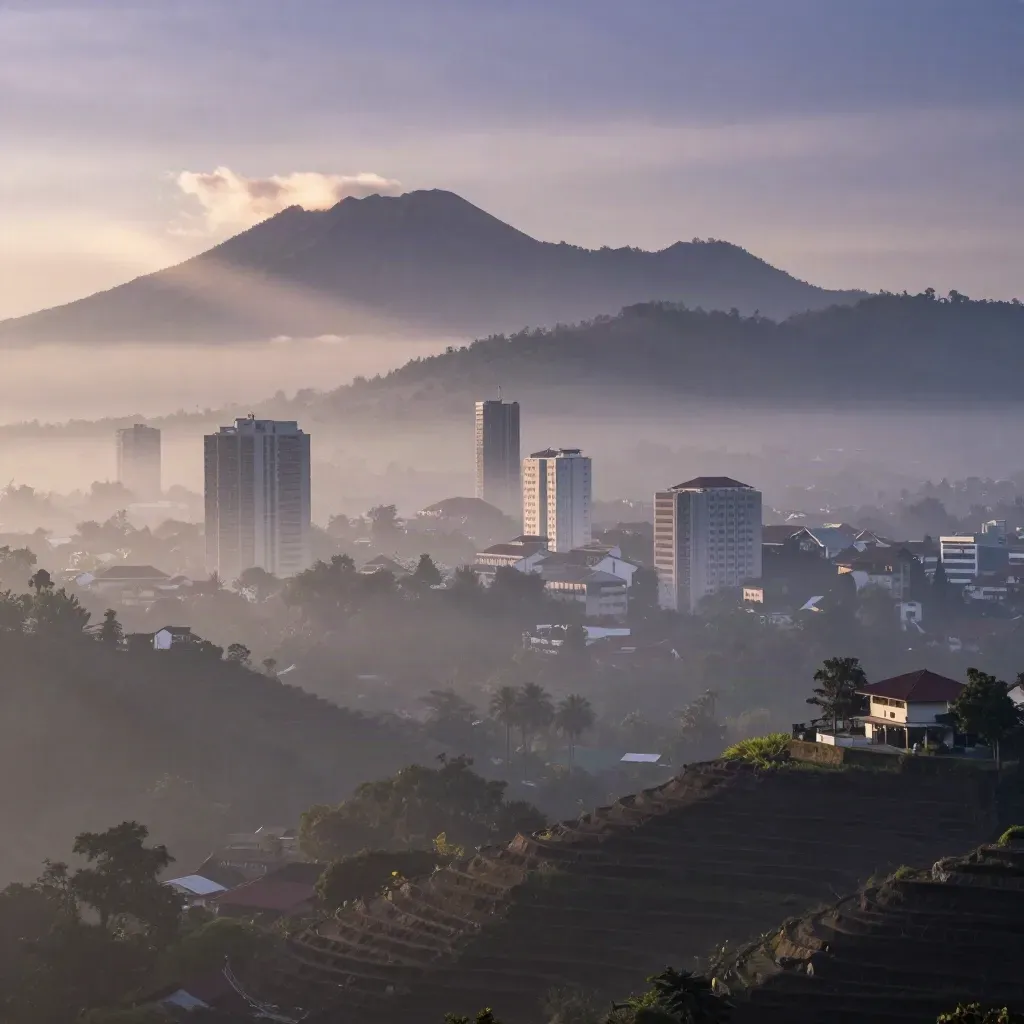 Panorama Bandung dari lembah berkabut dengan pegunungan dan cahaya pagi ungu lembut.