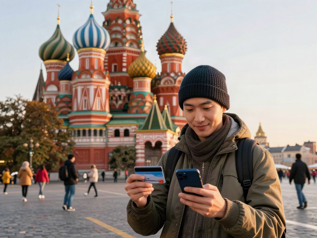 Pengunjung menggunakan https://payinrussia.com/ untuk membayar di Lapangan Merah, Moskow, dengan latar belakang Katedral St. Basil.