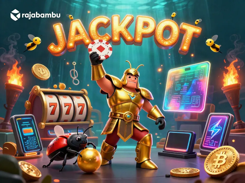 RAJABAMBU mengangkat chip poker sebagai simbol kemenangan dalam ilustrasi slot yang menakjubkan.